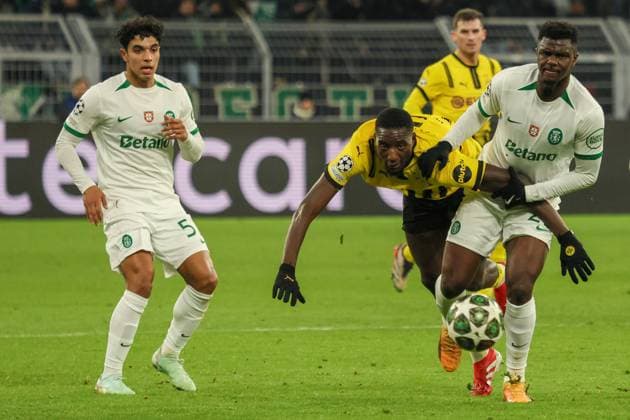Dortmund, Germany February 19, 2025 Champions League 2024 2025 Borussia Dortmund vs Sporting Lisbon Pictured from left in a duel Serhou Guirassy BVB and Ousmane Diomande Sporting Lisbon Signal Iduna Park North Rhine-Westphalia Copyright: xFotostandx xFantinix