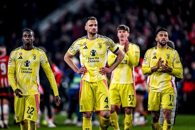 Juventus forwarder Timothy Weah, Juventus defender Federico Gatti, Juventus defender Nicolo Savona, Juventus forwarder Nicolas Gonzalez are disappointed after the match 3 1, during the match PSV Juventus at the Philips stadium for the UEFA Champions League Knockout phase play offs 2nd leg season 2024 2025 in EINDHOVEN, Netherlands on 19 february 2025, photo by Stefan Koops EYE4images DeFodi Images Defodi-746
