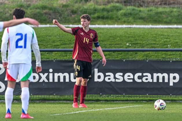 U16 BELGIUM VS ITALY Preben Blondeel (14) of Belgium pictured during a friendly U16 soccer game between Belgium and Italy , on Wednesday 19 February 2025 in Tubeke , Belgium . PHOTO SPORTPIX Stijn Audooren Tubeke RBFA Proximus Basecamp Belgium  Copyright: xSportpix.bex xStijnxAudoorenxStijnxAudoorenx