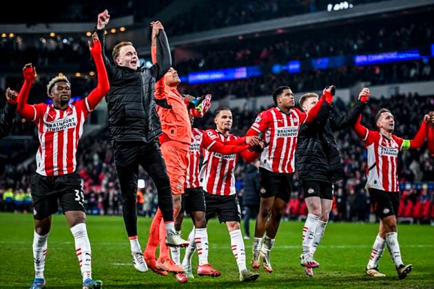 PSV defender Adamo Nagalo, PSV goalkeeper Walter Benitez, PSV defender Armando Obispo, PSV defender Ryan Flamingo, PSV forwarder Noa Lang, PSV forwarder Luuk de Jong celebrating the win, during the match PSV Juventus at the Philips stadium for the UEFA Champions League Knockout phase play offs 2nd leg season 2024 2025 in EINDHOVEN, Netherlands on 19 february 2025, photo by Stefan Koops EYE4images DeFodi Images Defodi-746