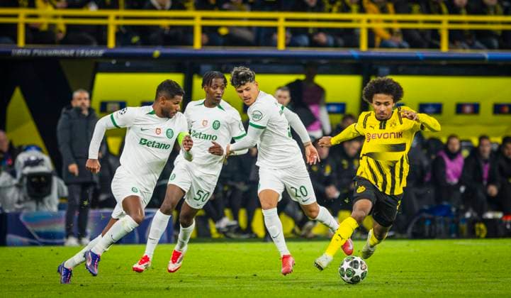 Dortmund, Germany 19th Feb 2025 Karim Adeyemi BvB Matheus Reis , Alexandre Brito , Maxi Araujo SP Borussia Dortmund Sporting Lisbon Borussia Dortmund Sporting Lisbon 19 02 2025