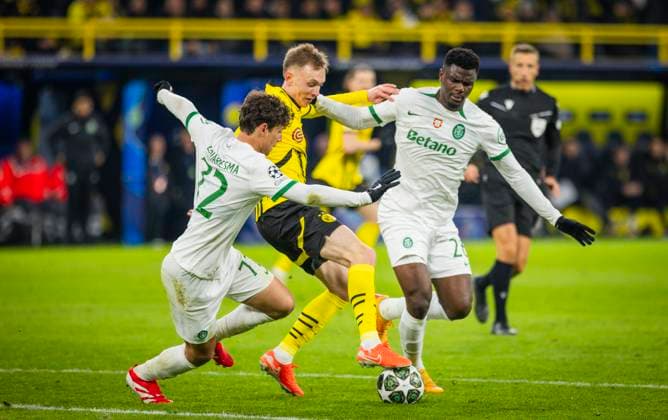 Dortmund, Germany 19th Feb 2025 Maximilian Beier BvB Eduardo Quaresma, Ousmane Diomande SP Borussia Dortmund Sporting Lisbon Borussia Dortmund Sporting Lisbon 19 02 2025