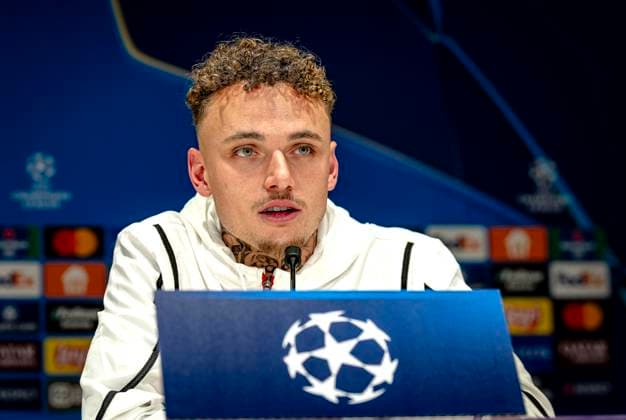 PSV Eindhoven forwarder Noa Lang during te press conference after the match PSV Juventus at the Philips stadium for the UEFA Champions League Knockout phase play offs 2nd leg season 2024 2025 in EINDHOVEN, Netherlands on 19 february 2025, photo by Marcel van Dorst EYE4images DeFodi Images Defodi-746