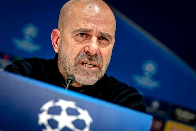 PSV Eindhoven trainer Peter Bosz during te press conference after the match PSV Juventus at the Philips stadium for the UEFA Champions League Knockout phase play offs 2nd leg season 2024 2025 in EINDHOVEN, Netherlands on 19 february 2025, photo by Marcel van Dorst EYE4images DeFodi Images Defodi-746