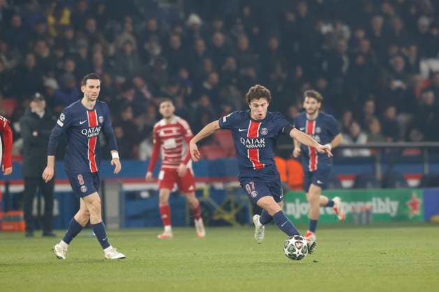 February 19, 2025, Paris, Paris, France: Joao NEVES of Paris Saint Germain in action during the match of UEFA Champions League between Paris Saint Germain and Stade Brestois at Parc des Princes Stadium - on February 19 2025 Paris - France Paris France - ZUMAb253 20250219_zsp_b253_002 Copyright: xLoicxBaratouxx
