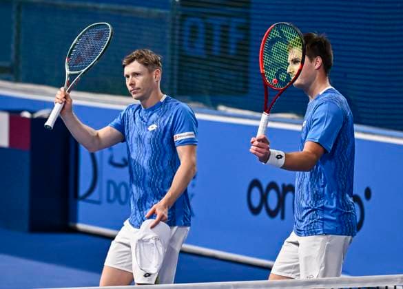 ATP, Tennis Herren QATAR EXXONMOBIL OPEN MEN S DOUBLES QUARTERFINAL Harri Heliovaara of Finland and Henry Patten of Great Britain celebrate after winning the Men s doubles quarterfinal match against Fernando Verdasco of Spain (R) and Novak Djokovic of Serbia at the ATP Qatar ExxonMobil Open 2025 tennis tournament at the Khalifa International Tennis Complex in Doha, Qatar, on February 19, 2025. DOHA Qatar Copyright: xNOUSHADx