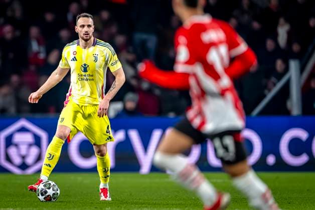 Juventus defender Federico Gatti during the match PSV Juventus at the Philips stadium for the UEFA Champions League Knockout phase play offs 2nd leg season 2024 2025 in EINDHOVEN, Netherlands on 19 february 2025, photo by Marcel van Dorst EYE4images DeFodi Images Defodi-746