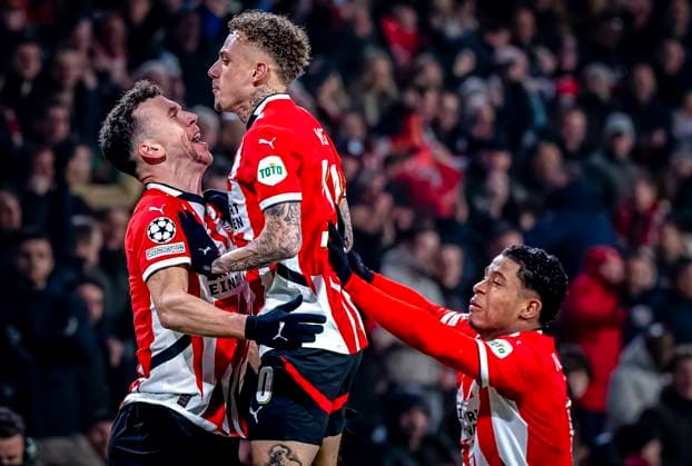 PSV Eindhoven forwarder Ivan Perisic celebrating the goal during the match PSV Juventus at the Philips stadium for the UEFA Champions League Knockout phase play offs 2nd leg season 2024 2025 in EINDHOVEN, Netherlands on 19 february 2025, photo by Marcel van Dorst EYE4images DeFodi Images Defodi-746