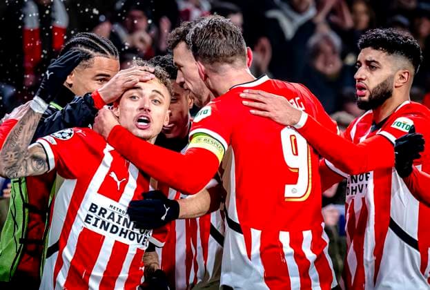 PSV Eindhoven forwarder Noa Lang celebrating the goal during the match PSV Juventus at the Philips stadium for the UEFA Champions League Knockout phase play offs 2nd leg season 2024 2025 in EINDHOVEN, Netherlands on 19 february 2025, photo by Marcel van Dorst EYE4images DeFodi Images Defodi-746