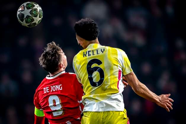 PSV Eindhoven forwarder Luuk de Jong, Juventus defender Lloyd Kelly during the match PSV Juventus at the Philips stadium for the UEFA Champions League Knockout phase play offs 2nd leg season 2024 2025 in EINDHOVEN, Netherlands on 19 february 2025, photo by Marcel van Dorst EYE4images DeFodi Images Defodi-746