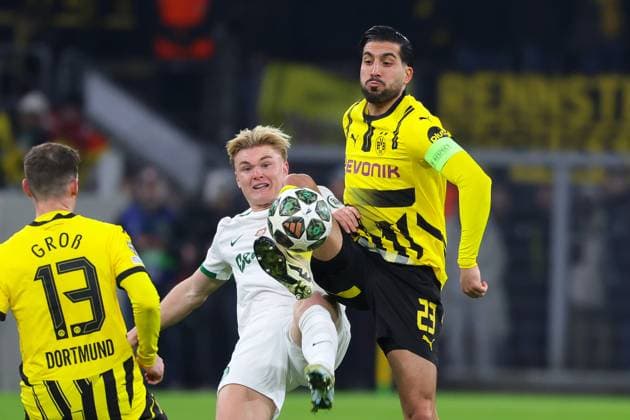 (250220) -- DORTMUND, Feb. 20, 2025 -- Emre Can (R) of Borussia Dortmund vies with Conrad Harder of Sporting CP during the UEFA Champions League knockout phase play-off second leg football match between Borussia Dortmund and Sporting CP in Dortmund, Germany, Feb. 19, 2025. (Photo by Xinhua) (SP)GERMANY-DORTMUND-FOOTBALL-UEFA CHAMPIONS LEAGUE-DORTMUND VS SPORTING CP JoachimxBywaletz 