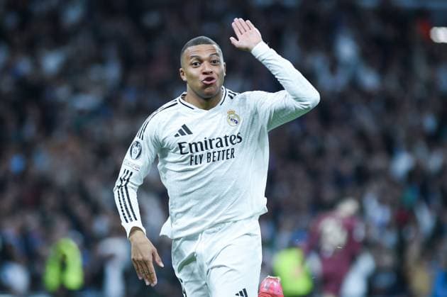 (250220) -- MADRID, Feb. 20, 2025 -- Kylian Mbappe of Real Madrid celebrates a goal during the UEFA Champions League knockout phase play-off second leg football match between Real Madrid and Manchester City in Madrid, Spain, on Feb. 19, 2025. (Photo by Xinhua) (SP)SPAIN-MADRID-FOOTBALL-UEFA CHAMPIONS LEAGUE-REAL MADRID VS MANCHESTER CITY GustavoxValiente 