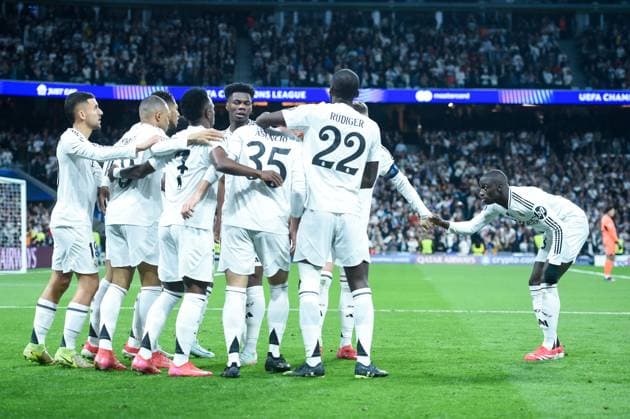(250220) -- MADRID, Feb. 20, 2025 -- Players of Real Madrid celebrate a goal during the UEFA Champions League knockout phase play-off second leg football match between Real Madrid and Manchester City in Madrid, Spain, on Feb. 19, 2025. (Photo by Xinhua) (SP)SPAIN-MADRID-FOOTBALL-UEFA CHAMPIONS LEAGUE-REAL MADRID VS MANCHESTER CITY GustavoxValiente 