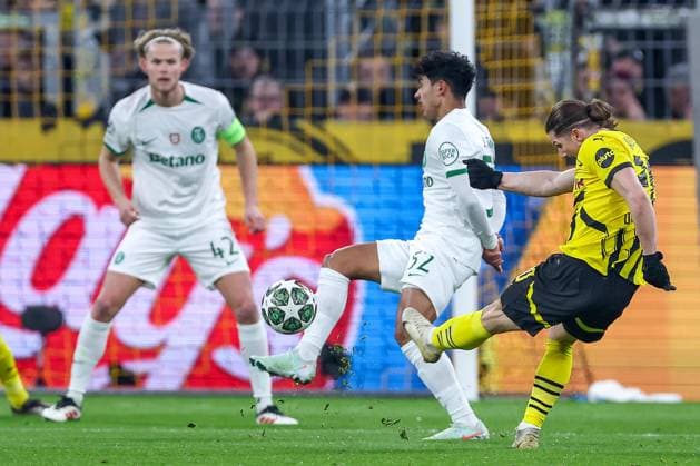 19 02 2025, Football, UEFA Champions League, Borussia Dortmund Sporting Lisbon, Signal Iduna Park, Knockout phase play offs, Season 2024 2025 Morten Hjulmand Sporting 42 and Joao Simoes Sporting 52 against Marcel Sabitzer BVB 20 North Rhine-Westphalia Germany