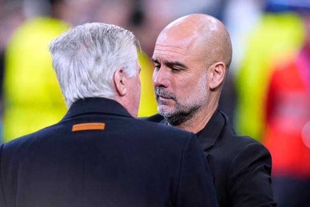 ANCELOTTI Carlo Coach Team Real Madrid with GUARDIOLA Pep Coach UEFA Champions League Season 2024 2025 Match Real Madrid Manchester City 3 1 on 19 02 2025 in Madrid DFL REGULATIONS PROHIBIT ANY USE OF PHOTOGRAPHS as IMAGE SEQUENCES and or QUASI VIDEO Copyright: xLacixPerenyix