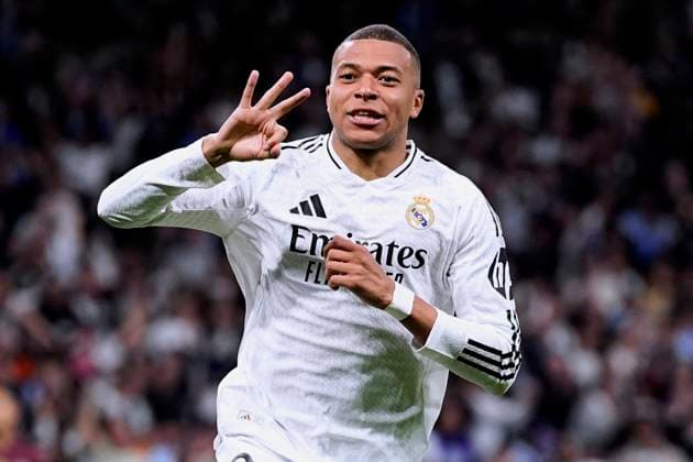 MBAPPE Kylian Team Real Madrid cheers after his third goal UEFA Champions League season 2024 2025 match Real Madrid Manchester City 3 1 on 19 02 2025 in Madrid DFL REGULATIONS PROHIBIT ANY USE OF PHOTOGRAPHS as IMAGE SEQUENCES and or QUASI VIDEO Copyright: xLacixPerenyix
