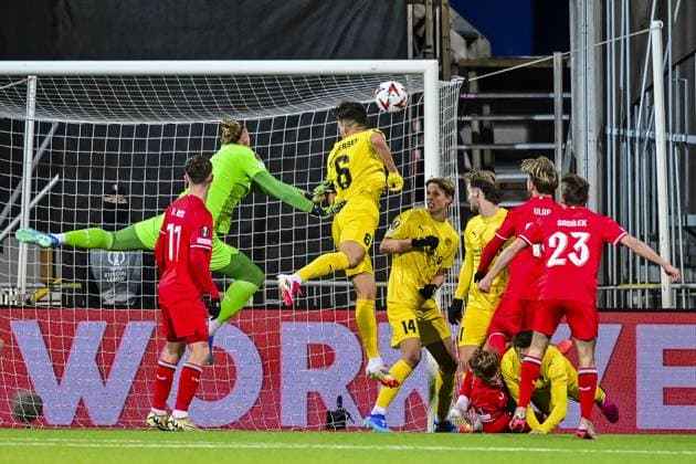 BODO, Aspmyra stadium, 20-02-2025 , season 2024 2025 , Europa League during the match Bodo Glimt - Twente. Twente keeper Lars Unnerstall saves. Bodo Glimt - Twente  x27954210x Copyright: