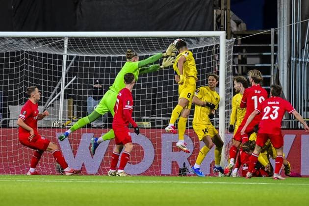 BODO, Aspmyra stadium, 20-02-2025 , season 2024 2025 , Europa League during the match Bodo Glimt - Twente. Twente keeper Lars Unnerstall saves. Bodo Glimt - Twente  x27954212x Copyright:
