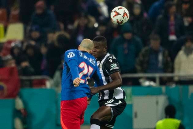 Thu 20 February, UEFA Europa League, League Knockout phase play-offs 2nd leg, National Arena, Bucharest, FCSB vs PAOK 21 Vlad Chiriches climbs high and wins a header