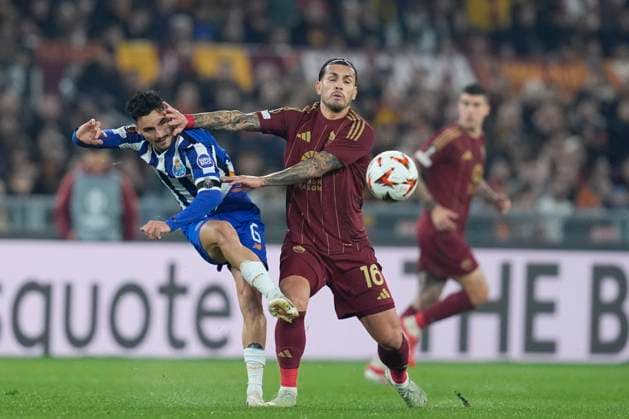 Eustaquio (Porto FC) and Leandro Paredes (AS Roma) battle for the ball, UEFA Europa League 2024 25 League Knockout Play-off Second Leg, AS Roma v FC Porto, Olimpico Stadium , February 20, 2025, Rome, Italy.
