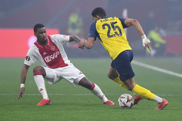 Soccer UEFA Europa League Play off Ajax Amsterdam Union Saint Gilloise on 20 02 2025 at the Johan Cruijff ArenA in Amsterdam Jorrel Hato Amsterdam , left Anan Khalaili Saint Gilloise , right xRx
