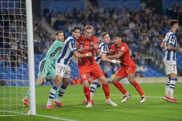 UEFA Europa League Nayef Aguerd of Real Sociedad and Adam Buksa of Midtjylland in action during Europa League 2024 25 League Knockout phase play-offs 2nd leg match between Real Sociedad and Midtjylland at Reale Arena. Donostia - San Sebastian. (Basque Country). February 20, 2025. (Gari Garaialde Bostok Photo) Donostia - San Sebastian Gipuzkoa Spain Editorial Use Only  Copyright: xGarikoitzxGaraialdex xBostokxPhotox Bostok Photo GarixGaraialdex GG2502200097