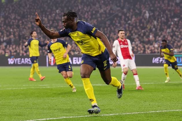 2025-02-20 AFC Ajax v R. Union Saint-Gilloise - UEFA Europa League 2024 25 League Knockout Play-off Second Leg AMSTERDAM, NETHERLANDS - FEBRUARY 20: Promise David of R. Union Saint-Gilloise celebrates after scoring his teams second goal during the UEFA Europa League 2024 25 League Knockout Play-off Second Leg match between AFC Ajax and R. Union Saint-Gilloise at Johan Cruijff Arena on February 20, 2025 in Amsterdam, Netherlands. Amsterdam Johan Cruijff Arena Netherlands Content not available for redistribution in The Netherlands directly or indirectly through any third parties. Copyright: xBenxGalx