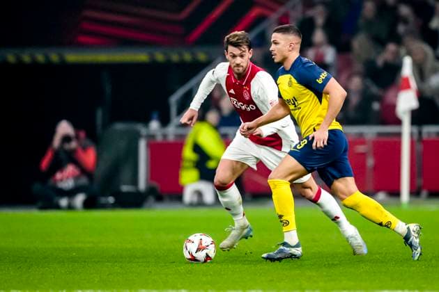 AFC Ajax Amsterdam defender Daniele Rugani, Union Saint Gilloise forwarder Franjo Ivanovic during the match Ajax Union SG at the Johan Cruijff ArenA for the UEFA Europa League Knockout phase play offs 2nd leg season 2024 2025 in AMSTERDAM, Netherlands on 20 february 2025, photo by Marcel van Dorst EYE4images DeFodi Images