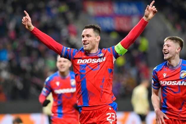 Lukas Kalvach (Plzen) celebrates a goal in the UEFA Europa League, 2nd round match: FC Viktoria Plzen vs Ferencvaros Budapest, in Pilsen, Czech Republic, on February 20, 2025. (CTKxPhoto MiroslavxChaloupka) CTKPhotoP2025022009365  CTKPhotoP2025022009365