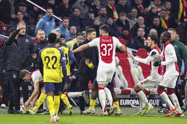 AMSTERDAM , 20-02-2025 , JohanCruijff Arena , season 2024 2025 , Europa League football , match second leg between Ajax and Union Saint Gilloise fight between the teams Ajax - Union Saint Gilloise  x27957667x Copyright: