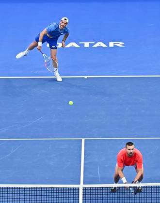 ATP, Tennis Herren QATAR EXXONMOBIL OPEN Ulian Cash and Lloyd Glasspool of Great Britain compete during men s doubles Semifinals match against Yuki Bhambri of India and Ivan Dodig of Croatia at the ATP Qatar ExxonMobil Open 2025 tennis tournament at the Khalifa International Tennis Complex in Doha, Qatar on February 21, 2025. DOHA Qatar Copyright: xNOUSHADx