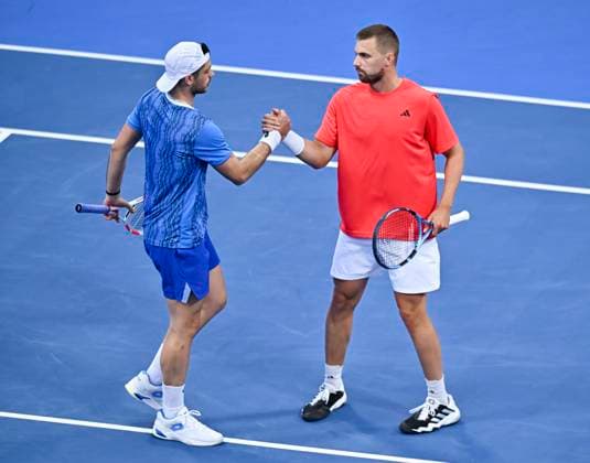 ATP, Tennis Herren QATAR EXXONMOBIL OPEN Ulian Cash and Lloyd Glasspool of Great Britain celebrate after winning the men s doubles Semifinals match against Yuki Bhambri of India and Ivan Dodig of Croatia at the ATP Qatar ExxonMobil Open 2025 tennis tournament at the Khalifa International Tennis Complex in Doha, Qatar on February 21, 2025. DOHA Qatar Copyright: xNOUSHADx
