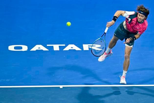 ATP, Tennis Herren QATAR EXXONMOBIL OPEN SEMIFINAL Andrey Rubble of Russia competes in his Semifinal match against Felix Auger-Aliassime of Canada during the ATP Qatar ExxonMobil Open 2025 tennis tournament at the Khalifa International Tennis Complex in Doha, Qatar, on February 21, 2025 DOHA Qatar Copyright: xNoushadxThekkayilx