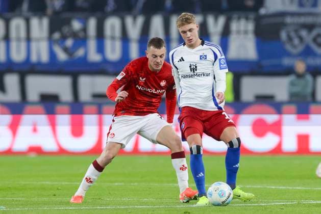 Filip Kaloc 1 FC Kaiserslautern and Adam Karabec Hamburger SV battle for the ball, 2 Bundesliga, Hamburger SV vs 1 FC Kaiserslautern, Volksparkstadion, February 21, 2025 in Hamburg, Germany Photo by Marco Steinbrenner DeFodi Images Filip Kaloc 1 FC Kaiserslautern and Adam Karabec Hamburger SV battle for the ball, 2 Bundesliga, Hamburger SV vs 1 FC Kaiserslautern, Volksparkstadion, February 21, 2025 in Hamburg, Germany Photo by Marco Steinbrenner DeFodi Images DFB DFL REGULATIONS PROHIBIT ANY USE OF PHOTOGRAPHS AS IMAGE SEQUENCES AND OR QUASI VIDEO