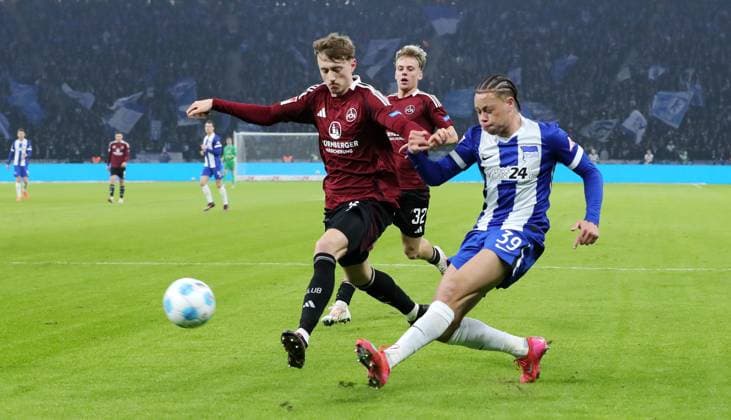 Tim Drexler, Derry Scherhant duel match scene Action Sport Football Soccer DFL 2 Bundesliga Men 23 Matchday Season 2024 2025 21 02 2025 Hertha BSC Berlin vs 1 FC Nürnberg FCN DFL regulations prohibit any use of photographs as image sequences and or quasi video