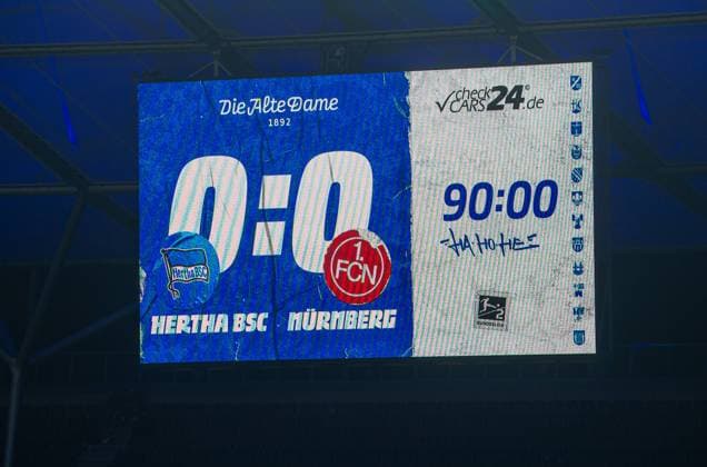 Soccer, Men, Season 2024 2025, 2 Bundesliga 23 Matchday , Hertha BSC 1 FC Nürnberg, Scoreboard with 0 0 Final Score, 21 02 2025, Copyright: xSebastianxRäppold MatthiasxKochx