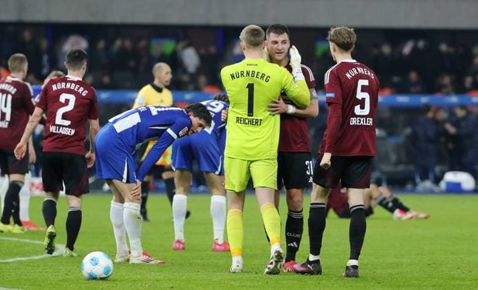 Goalkeeper Jan Reichert, Tim Janisch, Tim Drexler after the end of the match Sport Football Soccer DFL 2 Bundesliga Men 23 Matchday Season 2024 2025 21 02 2025 Hertha BSC Berlin vs 1 FC Nürnberg FCN DFL regulations prohibit any use of photographs as image sequences and or quasi video