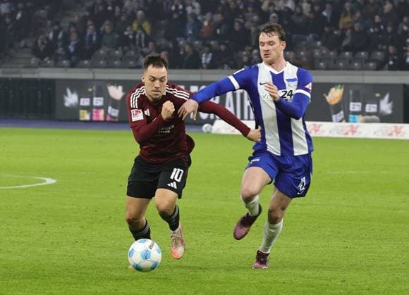21 02 2025 Soccer Season 2024 2025 2 Soccer Bundesliga 23 Matchday Hertha BSC Berlin HBSC 1 FC Nürnberg FCN Club Sportfoto Zink DaMa xdaxmax DFL regulations prohibit any use of photographs as image sequences and or quasi video only for editorial use Julian Justvan 10, 1 FC Nürnberg FCN Pascal Klemens 41, Hertha BSC Berlin