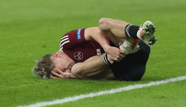 Tim Janisch battered, injured Injury Sport Soccer Football DFL 2 Bundesliga Men 23 Matchday Season 2024 2025 21 02 2025 Hertha BSC Berlin vs 1 FC Nürnberg FCN DFL regulations prohibit any use of photographs as image sequences and or quasi video