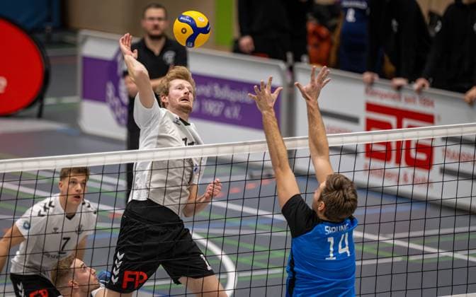 Volleyball, Season 2024 2025, 2 Bundesliga Nord, 22 02 2025, 18 Matchday, Men, TuB Bocholt white vs PSV Neustrelitz blue v l Thomas Wittkowski TuB Bocholt , Paul Sprung PSV Neustrelitz , Bocholt Sporthalle West Nordrhein Westfalen Germany 250222_vb_tub-bocholt_psv-neustrelitz_38598