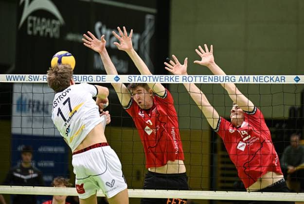 Volleyball 2 Bundesliga Season 2024 2025 22 02 2024 TV Rottenburg SV Schwaig Block TV Rottenburg Maik Trautmann center and Timon Schippmann re