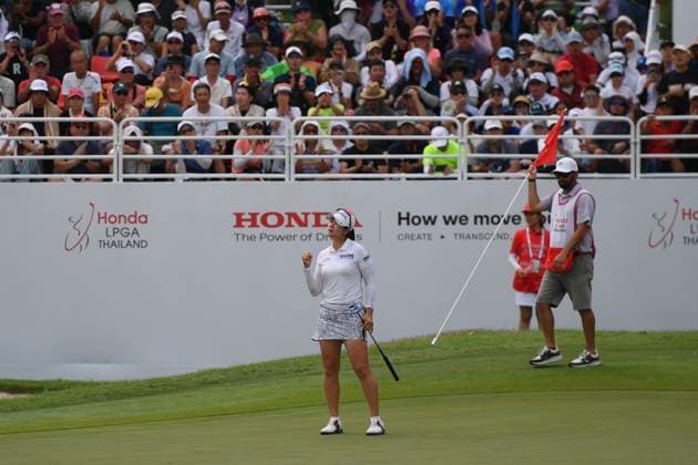 LPGA, Golf Damen Thailand 2025 A Lim Kim of South Korea reacts after scoring a birdie at the 18th hole during Round 4 of the Honda LPGA Thailand 2025 at Siam Country Club Old Course in Pattaya, Chonburi, Thailand, on February 23, 2025. Pattaya Chonburi Thailand  Copyright: xVachiraxVachirax originalFilename:kalong-lpgathai250223_nphpr.jpg