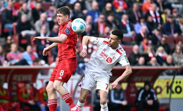 Football, Bundesliga, Germany, Men, Season 2024 2025, Matchday 23, Rhein Energie Stadion Köln, 1 FC Köln Fortuna Düsseldorf Isak Bergmann Johannesson F95 , Dejan Ljubicic KOE Action