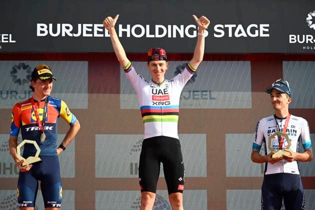 Bilder des Jahres 2025, Sport 02 Februar Sport Themen der Woche KW08 Sport Bilder des Tages UAE Tour 2025 - Stage 7 AL AID, UNITED ARAB EMIRATES - FEBRUARY 23 : Ciccone Giulio (ITA) of Lidl-Trek, Pogacar Tadej (SLO) of UAE Team Emirates and Bilbao Lopez de Armentia Pello (ESP) of Bahrain Victorious pictured during the podium ceremony of Stage 7 of the UAE Tour 2025 cycling race with start in Al Ain Hazza Bin Zayed Stadium and finish in Jebel Hafeet (176 km) on February 23, 2025 in Al Aid, United Arab Emirates, 23 02 2025 Al Aid United Arab Emirates  Copyright: xPeterxDexVoechtx