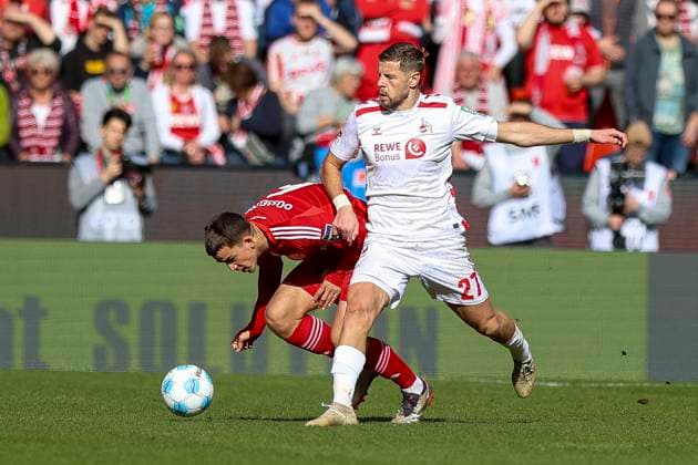Cologne, Germany, 23 02 25 Giovanni Antoine Haag Fortuna Düsseldorf and Imad Rondic 1 FC Köln fighting for the ball during the 2 Bundesliga match between 1 FC Köln vs Fortuna Düsseldorf at RheinEnergieStadion Cologne RheinEnergieStadion North Rhine Westphalia Germany Copyright: xBrauer-Fotoagenturx xAdrianxSchlx