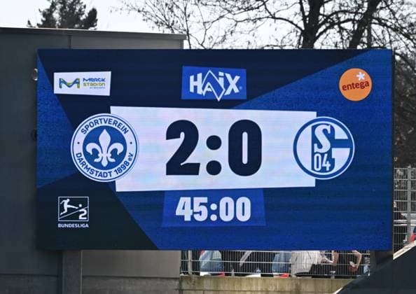 23 02 2025, xsltx, Soccer 2 Bundesliga, SV Darmstadt 98 FC Schalke 04 v l Half-time score in Darmstadt DFL DFB REGULATIONS PROHIBIT ANY USE OF PHOTOGRAPHS as IMAGE SEQUENCES and or QUASI VIDEO