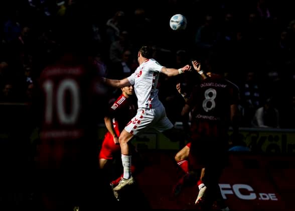 Cologne, RheinEnergieStadion, 23 02 2025 Imad Rondic of Koeln jumps for a header during the 2 Bundesliga match 1 FC Koeln vs Fortuna Duesseldorf