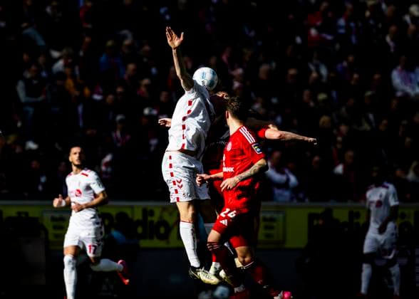 Cologne, RheinEnergieStadion, 23 02 2025 Imad Rondic of Koeln jumps for a header during the 2 Bundesliga match 1 FC Koeln vs Fortuna Duesseldorf