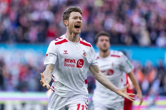 2 Fußball Bundesliga 1 FC Köln Fortuna Düsseldorf, 23 02 2025 Florian Kainz 1 FC Köln, 11 cheers after his goal 2 Fußball Bundesliga, 1 FC Köln Fortuna Düsseldorf, 23 Spieltag, am 23 02 2025, RheinEnergie Stadion, Köln DFL regulations prohibit any use of photographs as image sequences and or quasi video Copyright: xBEAUTIFULxSPORTS Meuselx