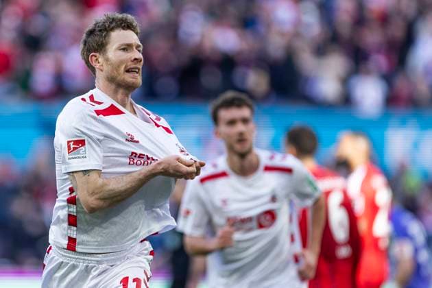 2 Fußball Bundesliga 1 FC Köln Fortuna Düsseldorf, 23 02 2025 Florian Kainz 1 FC Köln, 11 cheers after his goal 2 Fußball Bundesliga, 1 FC Köln Fortuna Düsseldorf, 23 Spieltag, am 23 02 2025, RheinEnergie Stadion, Köln DFL regulations prohibit any use of photographs as image sequences and or quasi video Copyright: xBEAUTIFULxSPORTS Meuselx